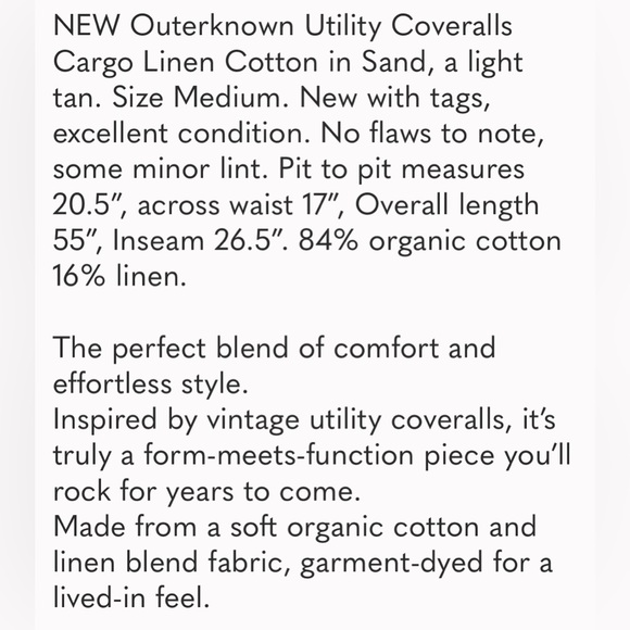 NEW Outerknown Utility Coveralls Cargo Linen Cotton in Sand Size Medium - Picture 10 of 10